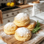 Warm, golden-brown buttery shortbread biscuits with flaky edges and a dusting of powdered sugar, placed on a rustic wooden board alongside a steaming mug of tea, soft sunlight filtering through a kitchen window with clean white towels and fresh apples visible in the background.
