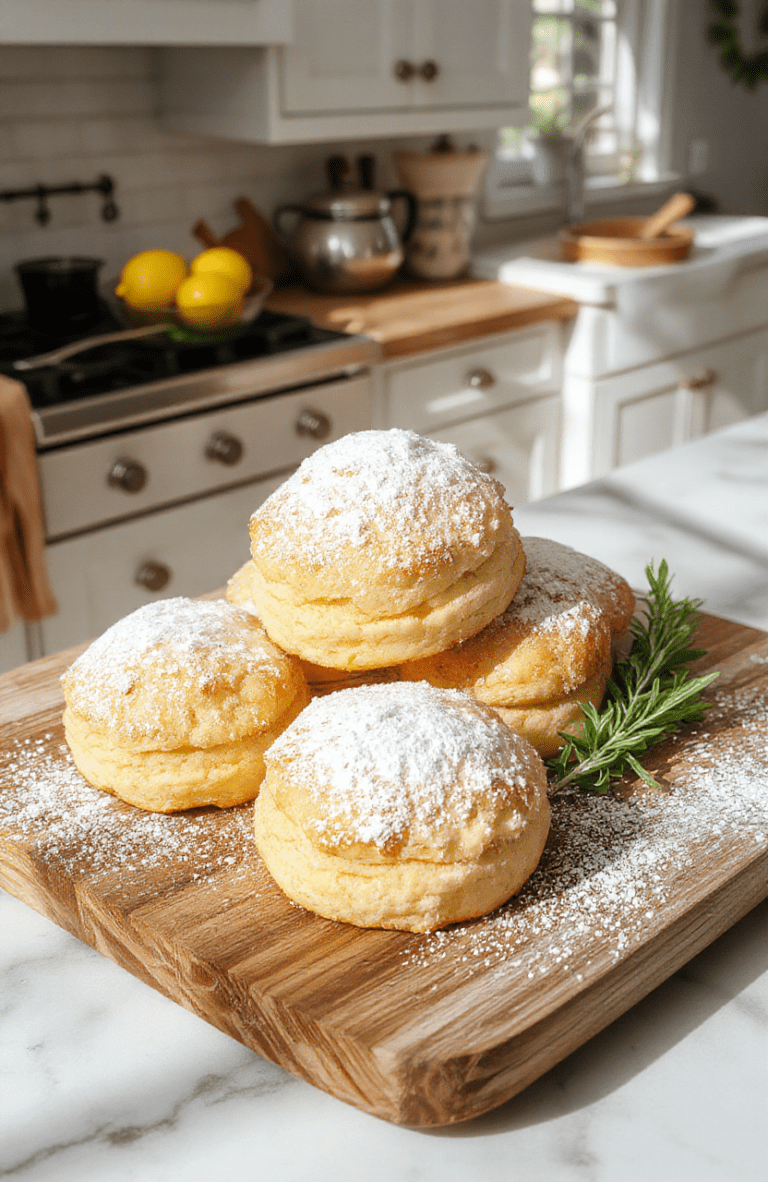 Warm, golden-brown buttery shortbread biscuits with flaky edges and a dusting of powdered sugar, placed on a rustic wooden board alongside a steaming mug of tea, soft sunlight filtering through a kitchen window with clean white towels and fresh apples visible in the background.
