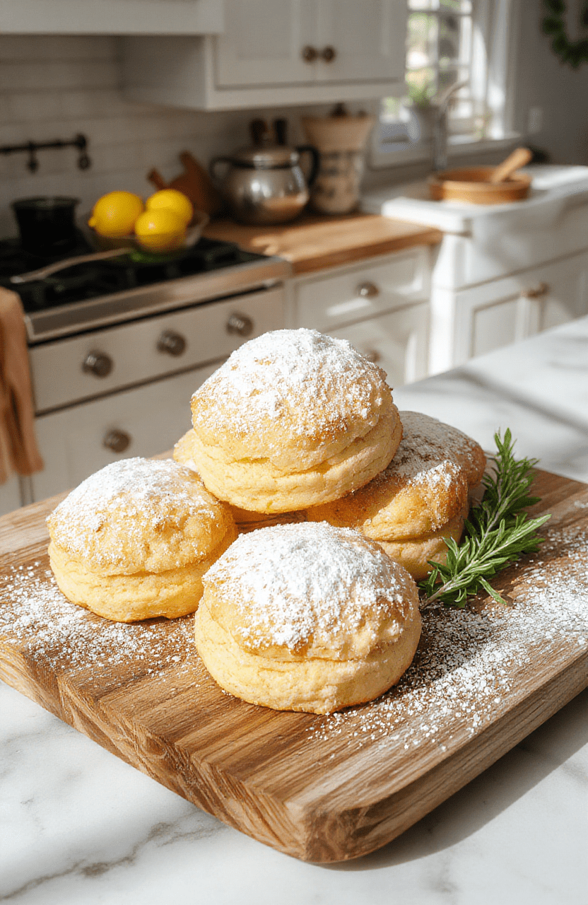 Warm, golden-brown buttery shortbread biscuits with flaky edges and a dusting of powdered sugar, placed on a rustic wooden board alongside a steaming mug of tea, soft sunlight filtering through a kitchen window with clean white towels and fresh apples visible in the background.