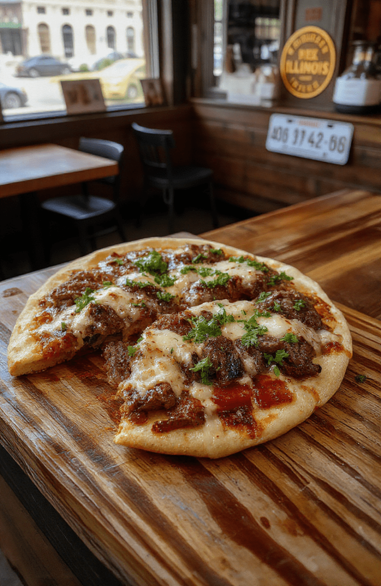 A freshly baked deep-dish pizza with a golden-brown crust, topped with tender slices of Italian beef, tangy giardiniera peppers, melted provolone cheese, and a drizzle of olive oil. The pizza sits on a rustic wooden board, with steam rising, against a blurred Chicago street background.