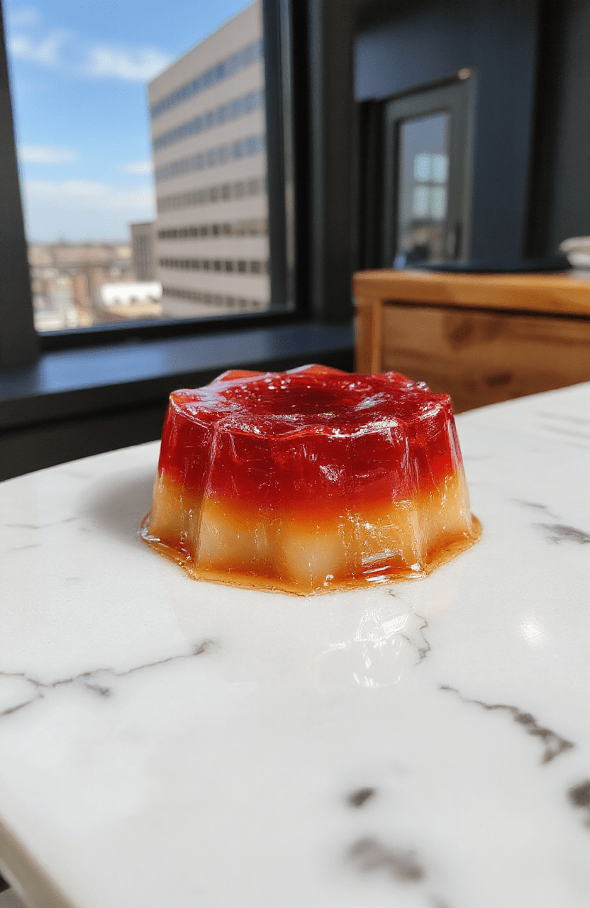 A vibrant green, Jell-O-style dessert cubes with a glossy, jiggly texture, arranged on a clean white ceramic tray with subtle Vought International branding印记 faintly visible in background. Red gel blood droplets drip from edges, adding dramatic flair. Natural daylight highlights the translucent sheen and tiny trapped fruit pieces.