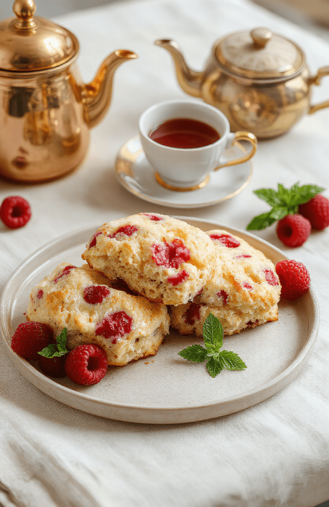 Two golden-brown, flaky scones on a polished silver tray beside a porcelain teapot, fresh clotted cream, strawberry jam, and a sprig of mint against a soft beige linen backdrop, bathed in natural daylight with soft shadows. The scones are slightly split open revealing a tender crumb, dusted lightly with powdered sugar.