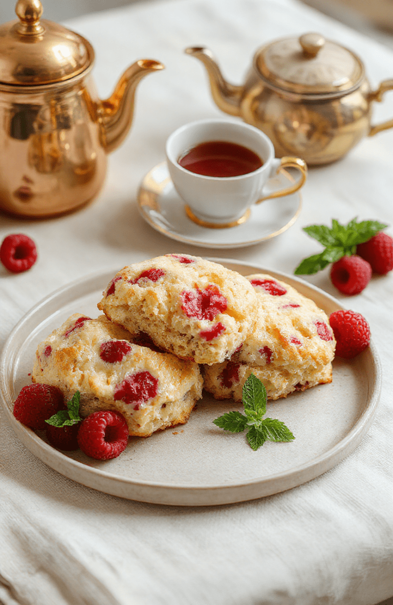 Two golden-brown, flaky scones on a polished silver tray beside a porcelain teapot, fresh clotted cream, strawberry jam, and a sprig of mint against a soft beige linen backdrop, bathed in natural daylight with soft shadows. The scones are slightly split open revealing a tender crumb, dusted lightly with powdered sugar.