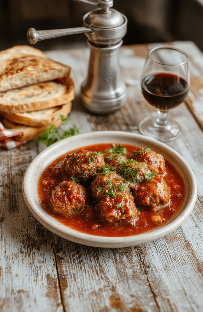 Golden-brown, slightly charred Italian meatballs nestled in a rich, bubbling tomato sauce with visible herbs and wisps of garlic, garnished with fresh parsley and served on a rustic wooden board beside warm crusty bread.