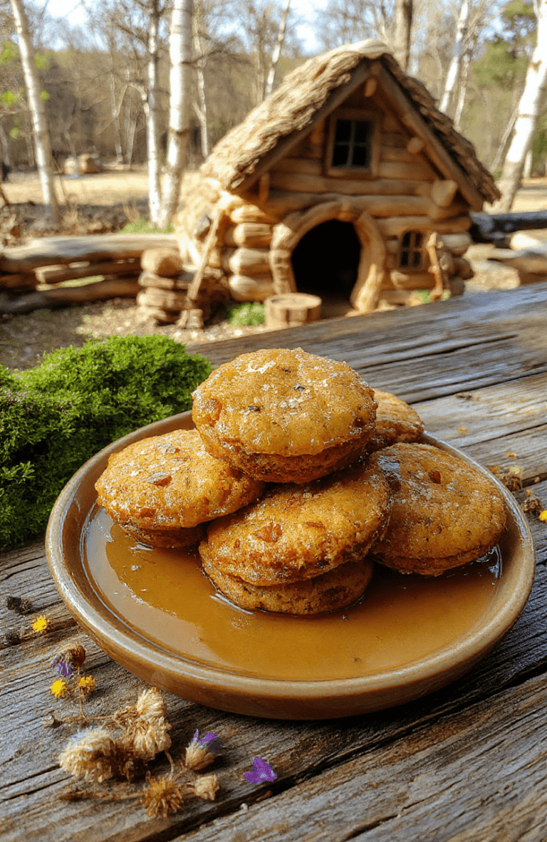 Golden-brown honey cakes with drizzled honey and fresh berries arranged on a rustic wooden cutting board, dusted with powdered sugar and garnished with sprigs of rosemary