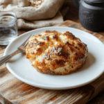 A rustic, slightly charred round loaf of dense whole grain bread with visible dark/blacked edges, resting on a weathered wooden board in soft morning light. Crumbs scattered around, steam faintly rising, evoking rustic fourth quadrant survival cooking.