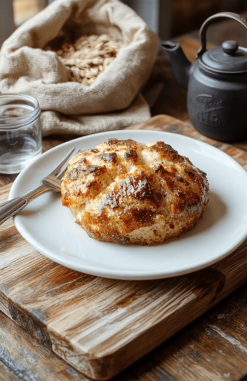 A rustic, slightly charred round loaf of dense whole grain bread with visible dark/blacked edges, resting on a weathered wooden board in soft morning light. Crumbs scattered around, steam faintly rising, evoking rustic fourth quadrant survival cooking.