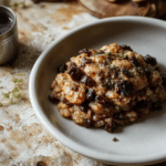 Creamy wild mushroom risotto with dark earthy tones, garnished with edible gold dust and black truffle shavings, served in a rustic ceramic bowl on a weathered wooden table, subtle glowing fungal accents, dim moody lighting with shafts of amber light.