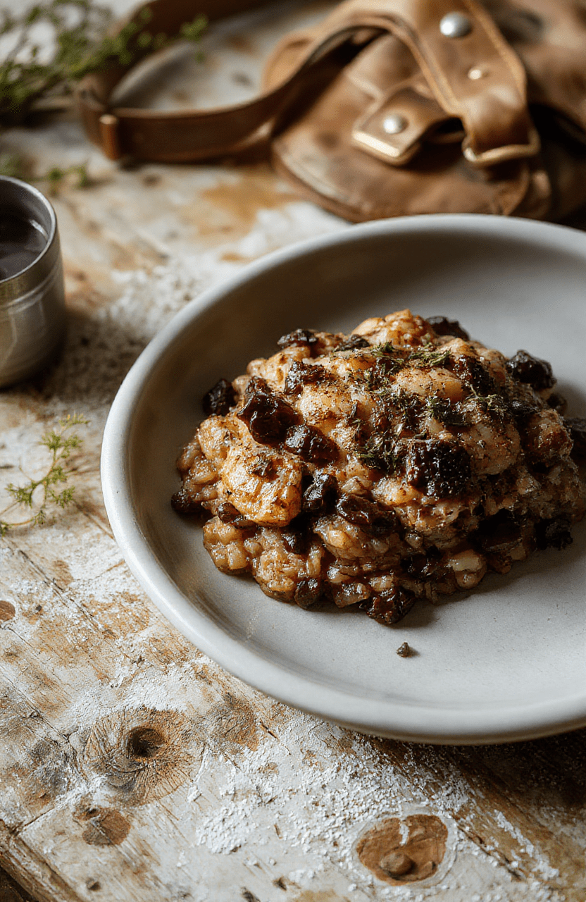 Creamy wild mushroom risotto with dark earthy tones, garnished with edible gold dust and black truffle shavings, served in a rustic ceramic bowl on a weathered wooden table, subtle glowing fungal accents, dim moody lighting with shafts of amber light.