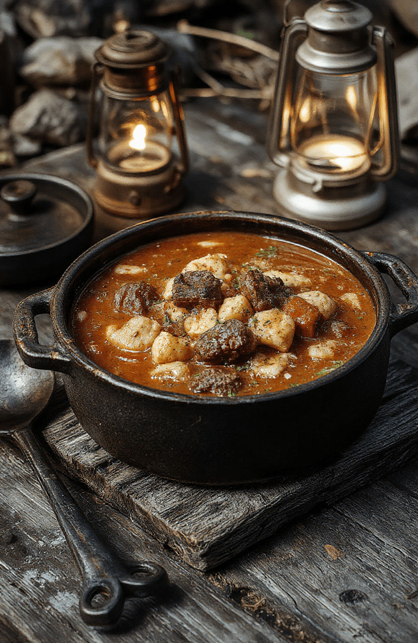 Hearty beef stew in a chipped cast-iron pot, thick with tender meat, robust root vegetables, and rich brown broth, garnished with fresh thyme. Steam rises gently. Dark, moody background evoking a rainy post-apocalyptic wilderness—think overcast skies, rugged textures, subtle mossy accents.