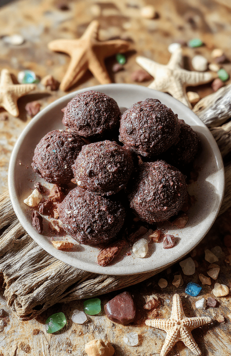 Vibrant purple Oreo truffles with iridescent edible glitter, topped with a single dark chocolate 'teardrop' and sea salt crystals, arranged on a driftwood plank beside purple sea glass and a tiny red claw prop, in soft natural light