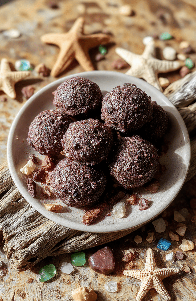 Vibrant purple Oreo truffles with iridescent edible glitter, topped with a single dark chocolate 'teardrop' and sea salt crystals, arranged on a driftwood plank beside purple sea glass and a tiny red claw prop, in soft natural light