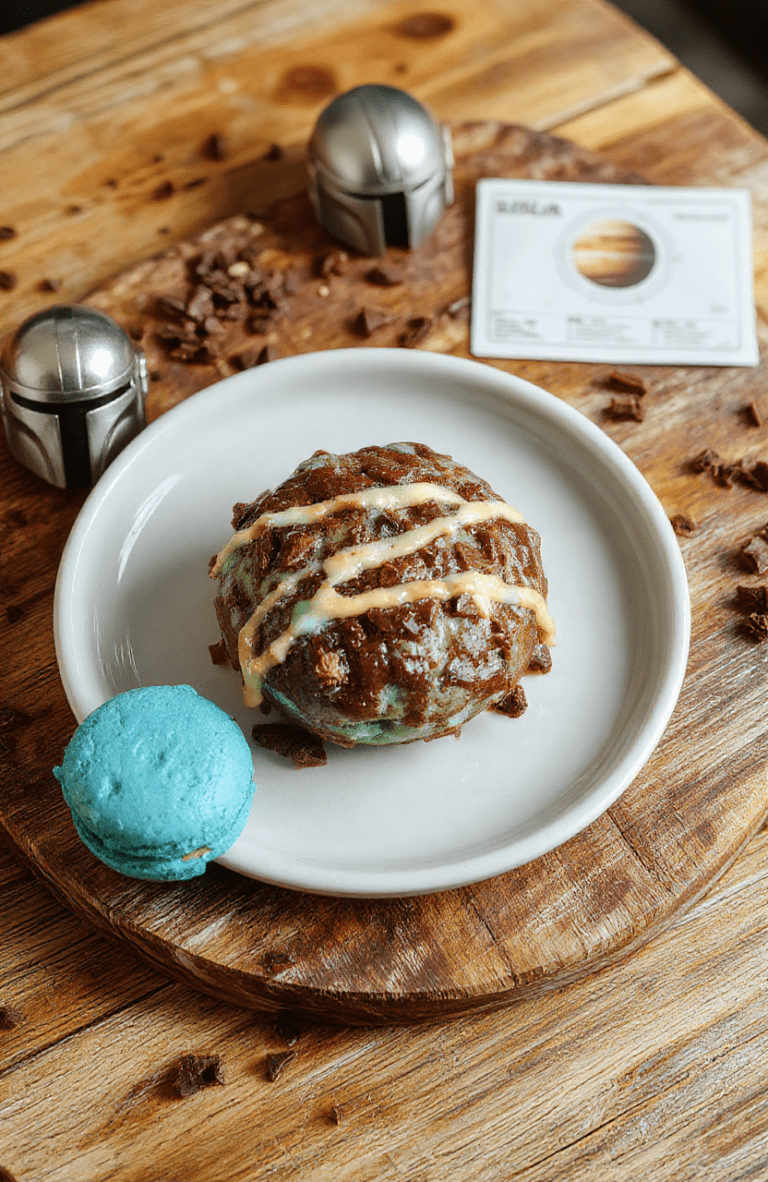 A vibrant, textured bark Candy Cloud with deep blue Swiss meringue buttercream, German chocolate shavings, and tiny edible gold leaf flecks arranged on a rustic wooden board, topped withminiature fondant Grogu ears and a dusting of edible silver glitter, under warm soft lighting with natural daylight highlights.