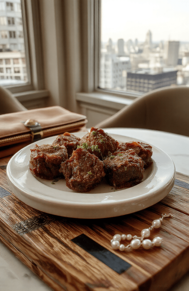 Glossy, slow-braised brisket bites glistening with cherry tomato relish, nestled on a rustic wooden board beside chopped parsley and a lemon wedge; deep brown crust with tender edges, served in a warm 1950s-style kitchen setting with subtle Art Deco accents.