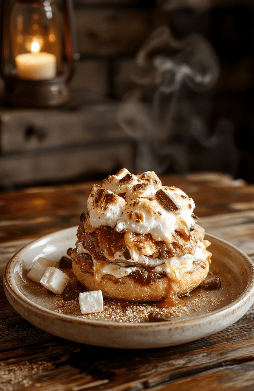 A messy, decadent s'more-inspired dessert in a rustic cast-iron skillet: melted chocolate oozing over golden graham cracker crumbs, fluffy toasted marshmallows in golden-brown peaks, drizzled with salted caramel and garnished with crushed graham and edible gold flakes, against a warm, cozy木质 backdrop with soft smoke wisps.