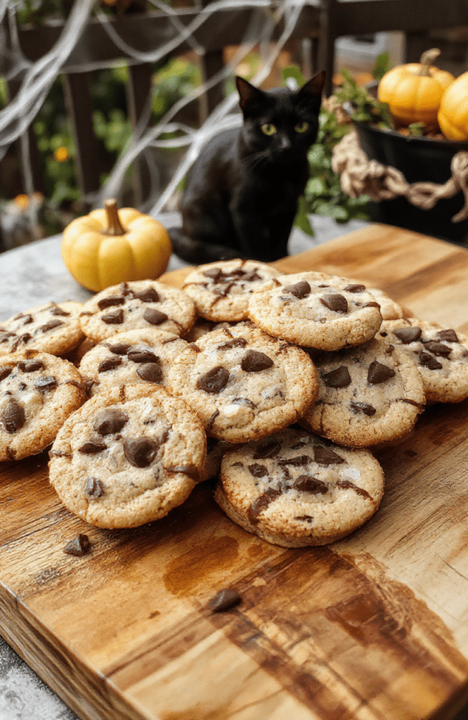 Charming black-and-white jack-o'-lantern-shaped sugar cookies with piped black royal icing details mimicking Jack Skellington’s crooked hands and smile, dusted with edible glitter, placed on a rustic wooden board with cobwebbed gingerbread bones and faint candlelight glows in the background.