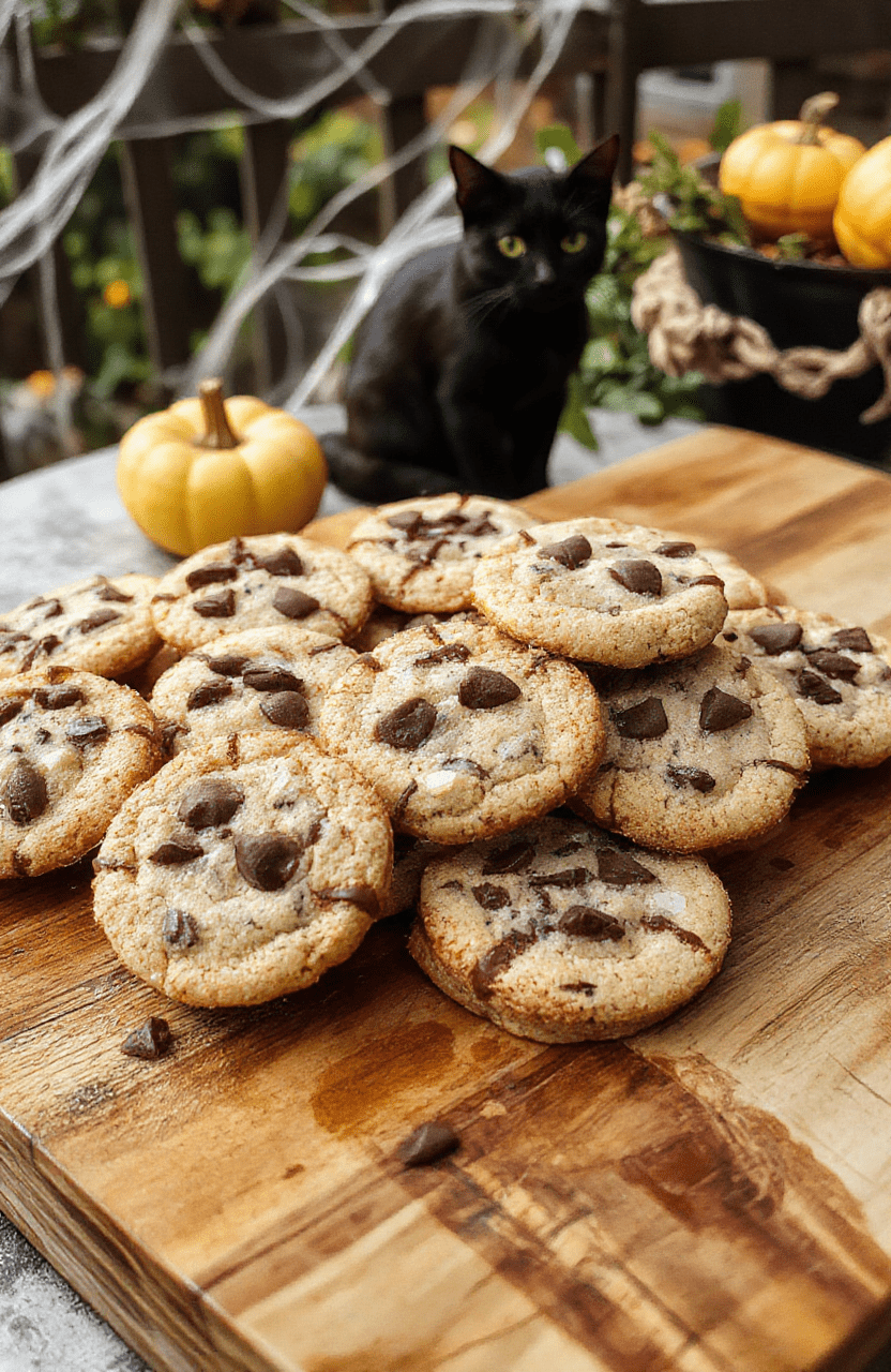 Charming black-and-white jack-o'-lantern-shaped sugar cookies with piped black royal icing details mimicking Jack Skellington’s crooked hands and smile, dusted with edible glitter, placed on a rustic wooden board with cobwebbed gingerbread bones and faint candlelight glows in the background.