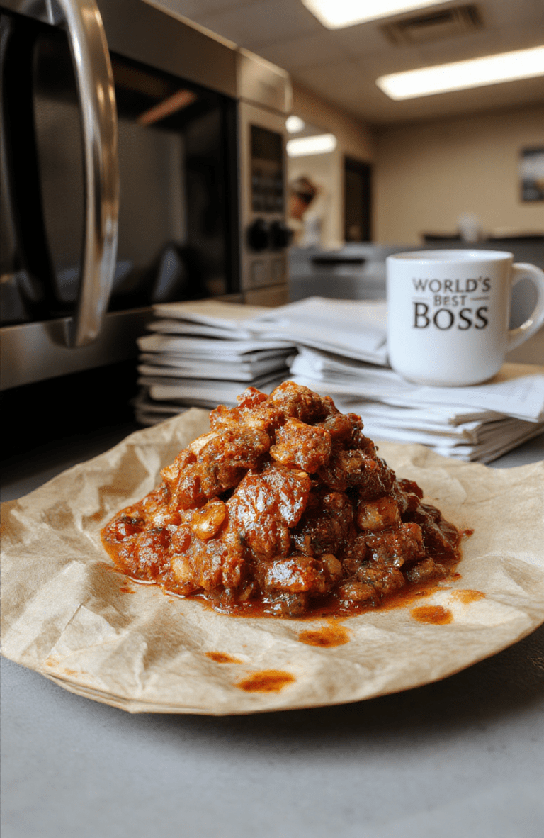 A steaming bowl of rich, meaty chili with visible chunks of beef, beans, and onions, topped with shredded cheddar cheese and a sprinkle of green onions, placed on a worn-out paper plate in the Dunder Mifflin office breakroom, with a coffee mug and stack of bills in the background