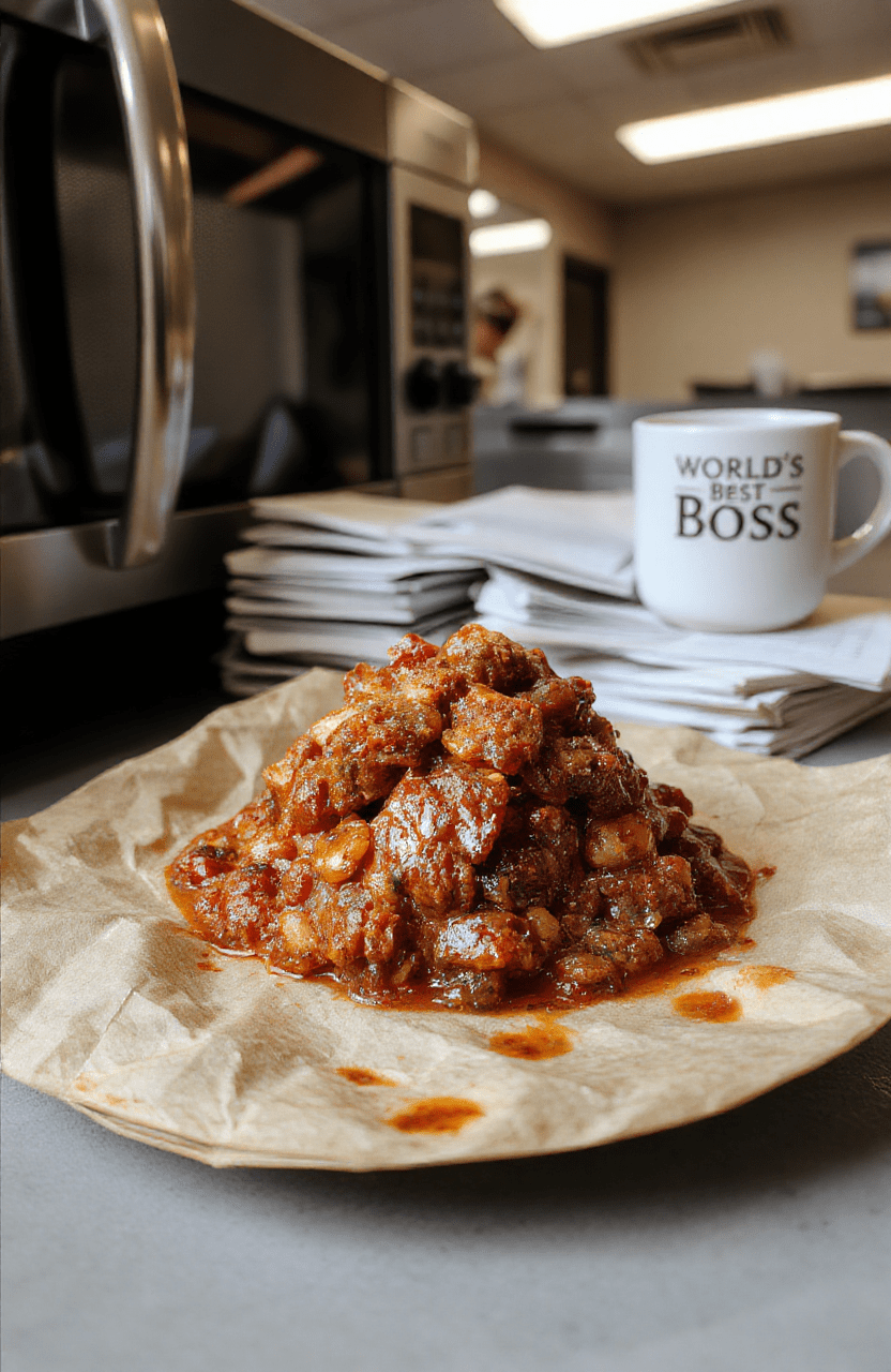 A steaming bowl of rich, meaty chili with visible chunks of beef, beans, and onions, topped with shredded cheddar cheese and a sprinkle of green onions, placed on a worn-out paper plate in the Dunder Mifflin office breakroom, with a coffee mug and stack of bills in the background