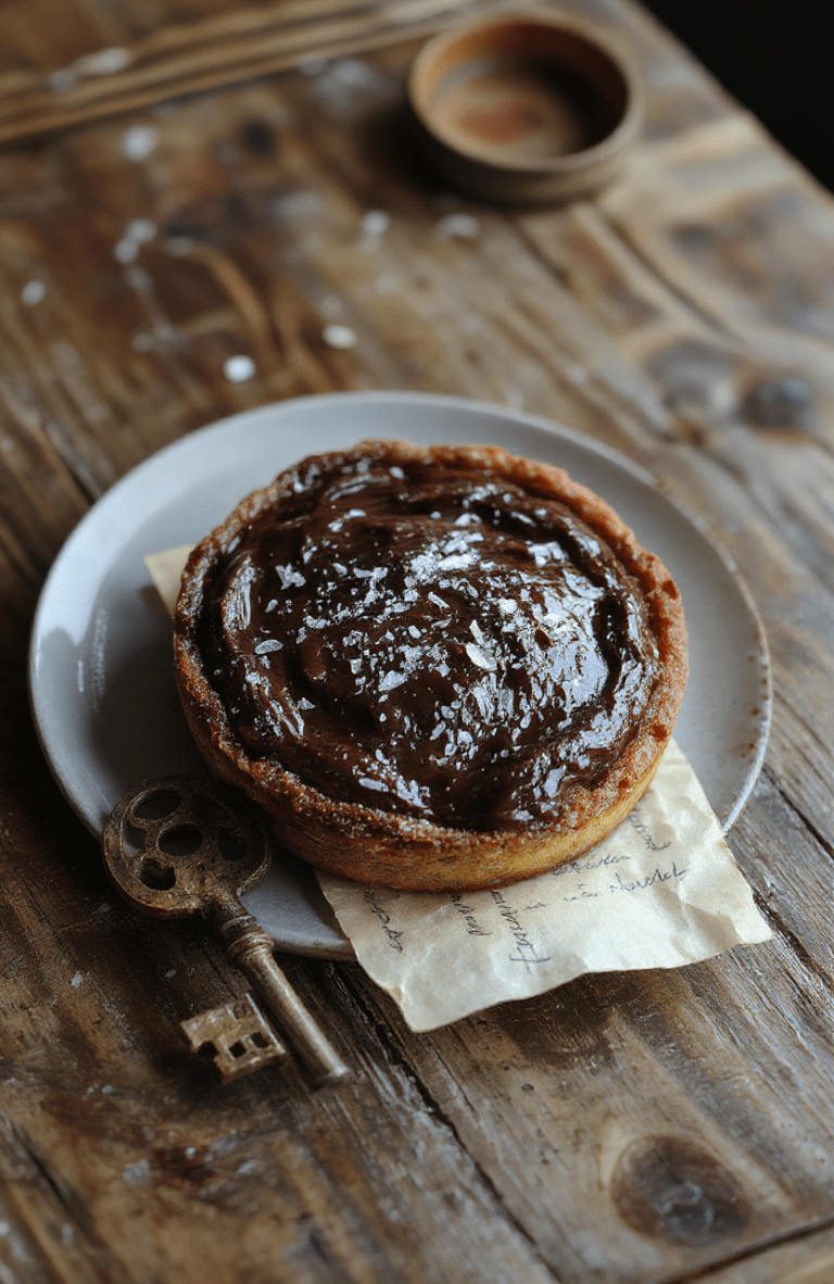 A sophisticated dark chocolate and sea salt tart on a rustic wooden board, with a glossy, deep brown chocolate ganache top, flaky buttery crust, and a delicate sprinkle of flaky sea salt crystals; a few broken shard pieces of dark chocolate and edible gold flakes accent the edge, set against a moody, dimly lit background with subtle parchment texture and a vintage copper whisk resting nearby.
