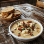 A steaming bowl of thick, rustic cabbage and bacon soup with tender leafy cabbage, cubes of golden potato, and crispy smoky bacon bits swirled in a creamy golden broth. A drizzle of olive oil and fresh parsley garnish the top. Served in a rustic ceramic bowl against a weathered wooden table with soft daylight and shallow depth of field.