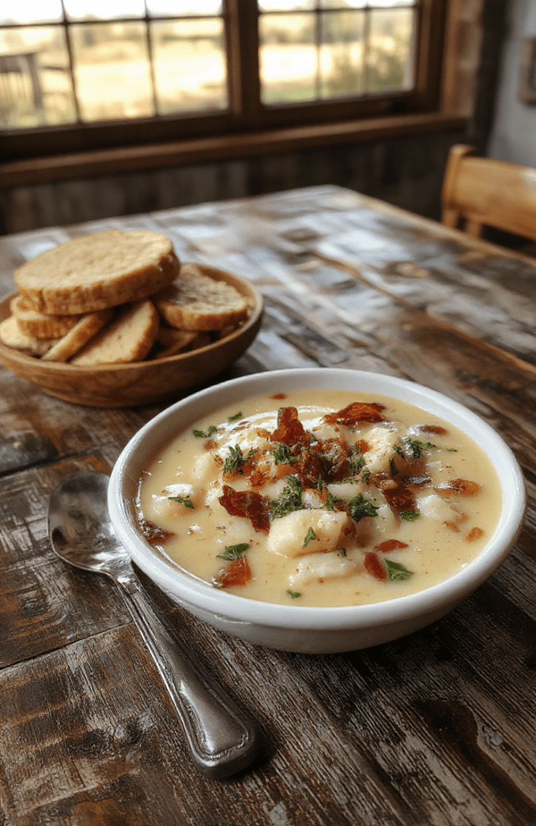 A steaming bowl of thick, rustic cabbage and bacon soup with tender leafy cabbage, cubes of golden potato, and crispy smoky bacon bits swirled in a creamy golden broth. A drizzle of olive oil and fresh parsley garnish the top. Served in a rustic ceramic bowl against a weathered wooden table with soft daylight and shallow depth of field.