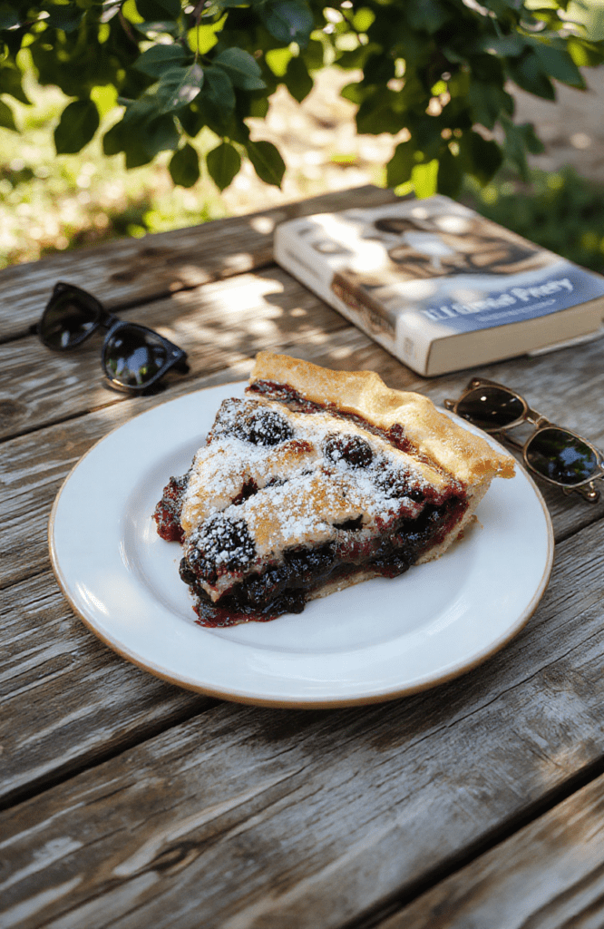 A rustic homemade blueberry pie with a golden brown flaky crust, filled with plump, glistening fresh blueberries bursting with juice, served on a wooden picnic table with dappled sunlight filtering through summer trees, garnished with mint and a dollop of whipped cream.