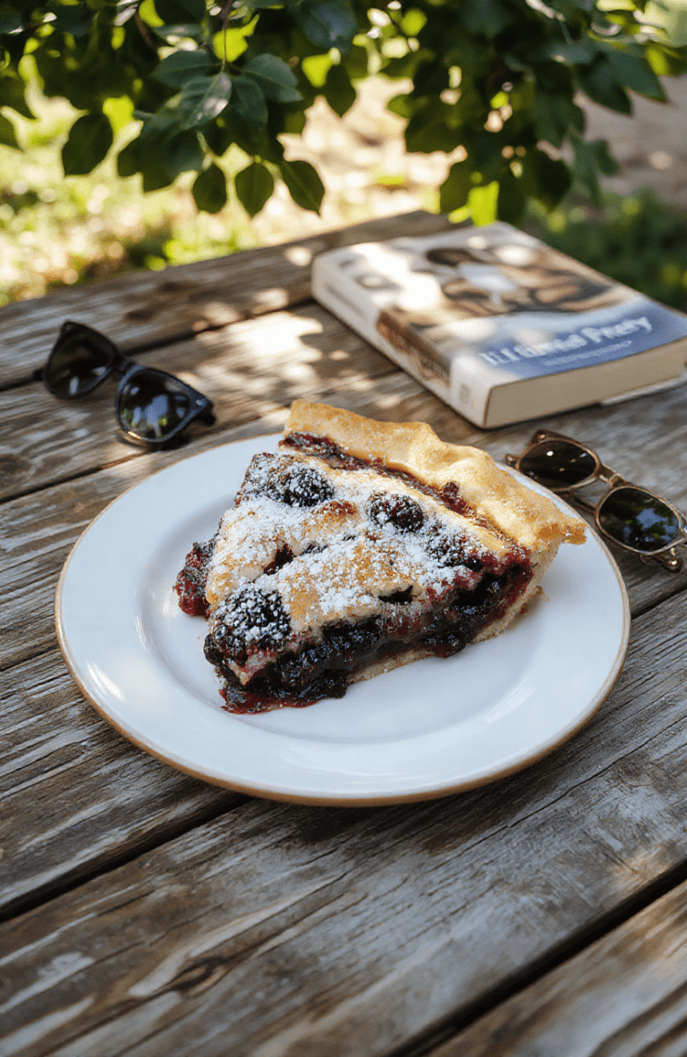A rustic homemade blueberry pie with a golden brown flaky crust, filled with plump, glistening fresh blueberries bursting with juice, served on a wooden picnic table with dappled sunlight filtering through summer trees, garnished with mint and a dollop of whipped cream.