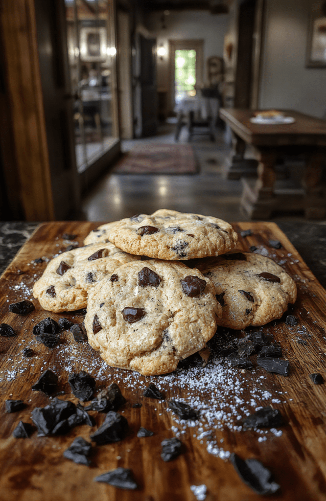 Chaos-themed black cocoa cookies with stark white drizzle cracks, resting on a rough-hewn wooden board amid scattered obsidian shards and embers, under moody overcast light.