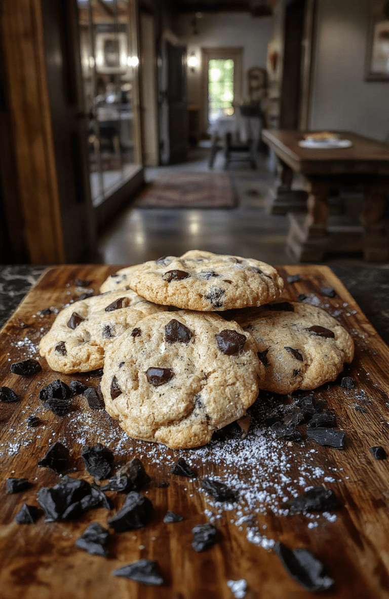 Chaos-themed black cocoa cookies with stark white drizzle cracks, resting on a rough-hewn wooden board amid scattered obsidian shards and embers, under moody overcast light.