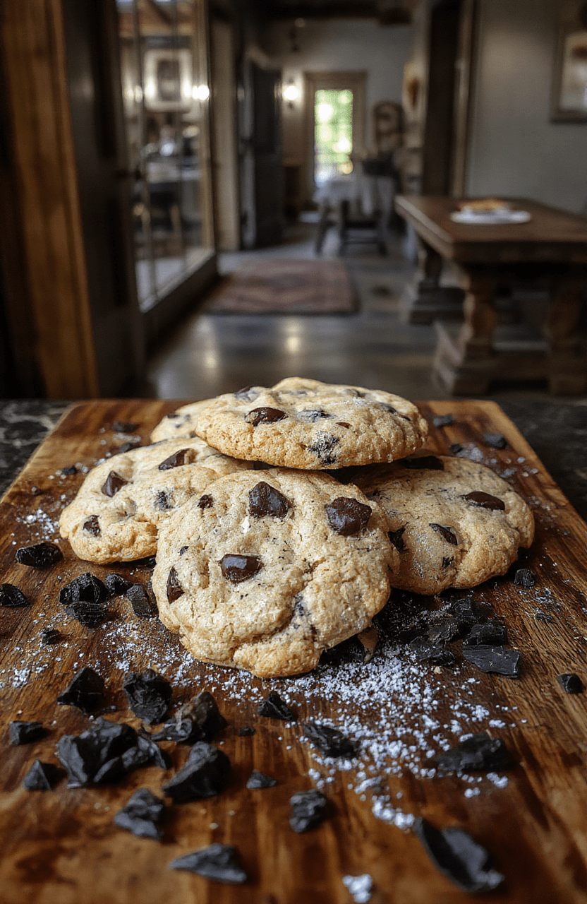 Chaos-themed black cocoa cookies with stark white drizzle cracks, resting on a rough-hewn wooden board amid scattered obsidian shards and embers, under moody overcast light.