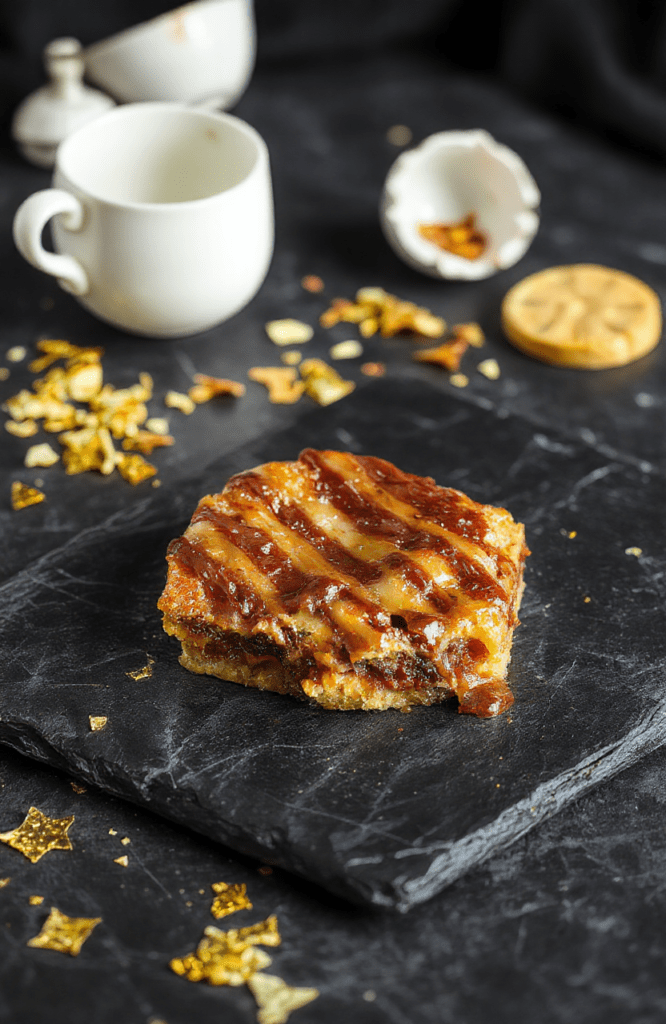 A decadent, glossy Traitors toffee pudding served in a dark ceramic ramekin, rich golden-brown toffee sauce draining down the sides, topped with a quenelle of vanilla bean ice cream and a shard of brittle toffee, garnished with edible gold dust and.cracked sea salt, on a rustic wooden board with subtle steam rising