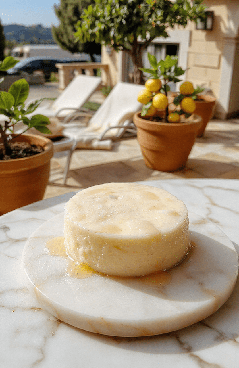Creamy pale-orange Aperol Spritz panna cotta served in a clear glass custard cup, topped with a delicate orange zest foam, a miniature sprig of rosemary, and a few edible marigold petals. Light golden honey drizzle cascades down the side. The panna cotta sits on a rustic marble slab with faint vineyard motifs, accented by a sun-bleached linen napkin and a small silver spoon nearby.
