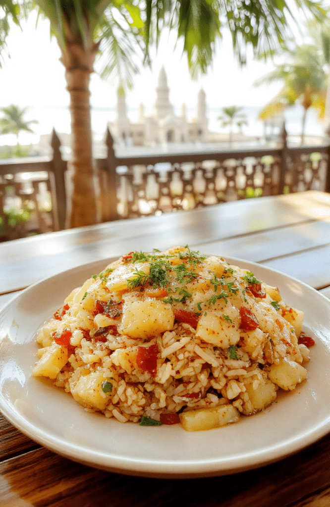 Vibrant pineapple fried rice served in a white ceramic bowl, studded with golden pineapple chunks, peas, carrots, scrambled egg, green onions, and cashews, garnished with cilantro and a lime wedge on the side, against a light wooden tabletop with subtle Thai temple motifs in the background.