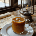 A rustic wooden tray holds a clear glass mug filled with steaming golden amber spiced apple cider, garnished with a cinnamon stick, sliced apple, and a star anise pod, with a faint frosty mist rising above the drink, set against a moody forest backdrop with soft glowing fairy lights