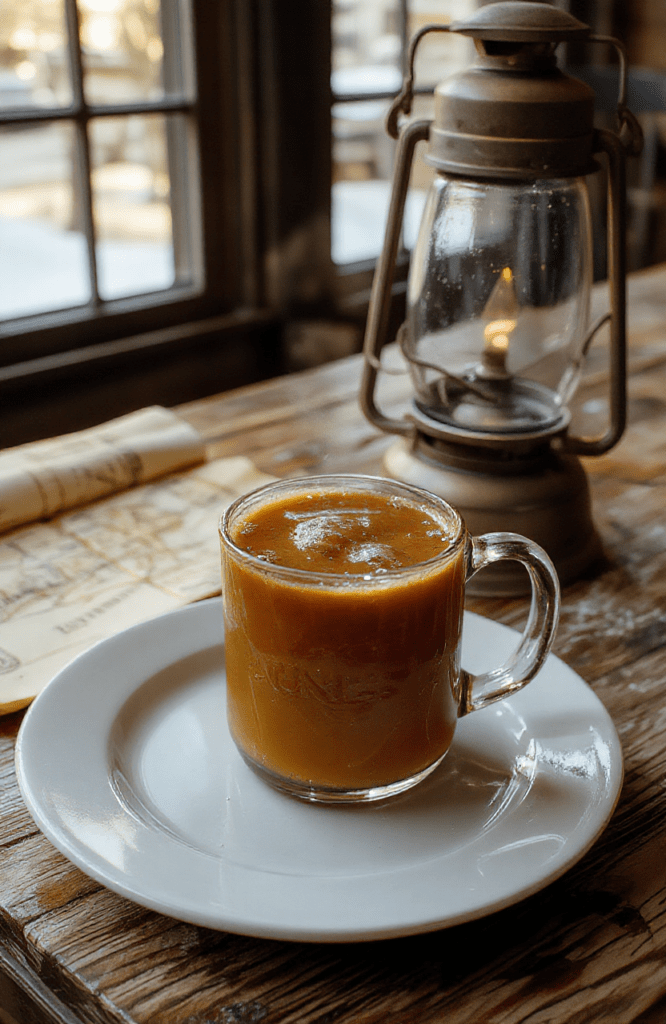 A rustic wooden tray holds a clear glass mug filled with steaming golden amber spiced apple cider, garnished with a cinnamon stick, sliced apple, and a star anise pod, with a faint frosty mist rising above the drink, set against a moody forest backdrop with soft glowing fairy lights