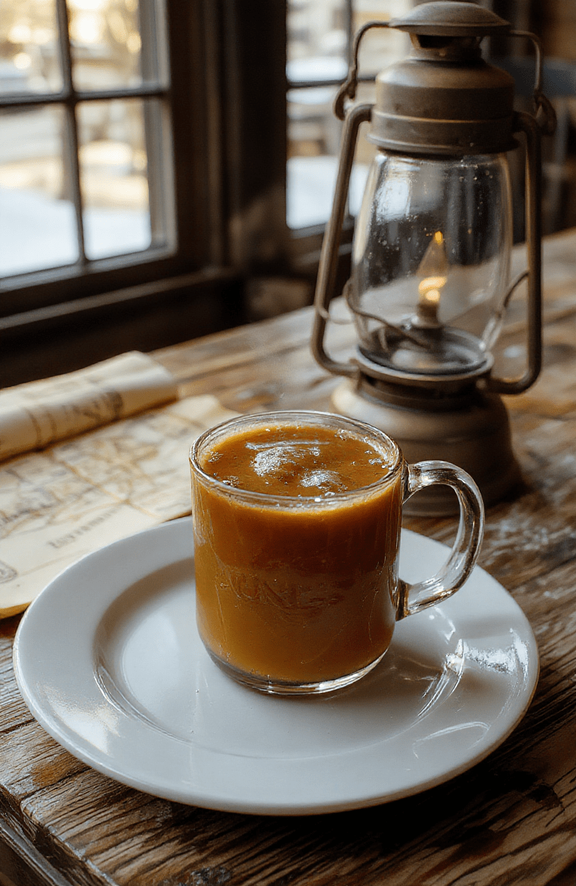 A rustic wooden tray holds a clear glass mug filled with steaming golden amber spiced apple cider, garnished with a cinnamon stick, sliced apple, and a star anise pod, with a faint frosty mist rising above the drink, set against a moody forest backdrop with soft glowing fairy lights