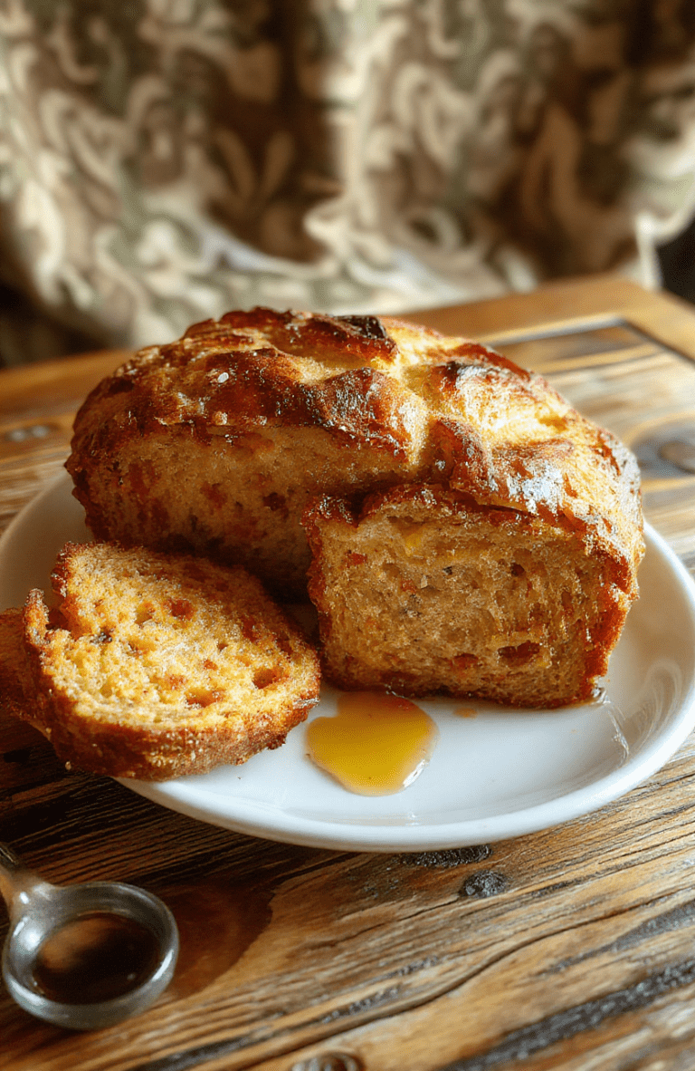 Golden-brown round loaf of honey mead bread with a crackling crust, dusted with edible gold flakes, placed on a rustic wooden board beside a miniature honey dipper and sprigs of rosemary, steam rising gently against a soft-focused backdrop of flickering candlelight and Nordic tapestry motifs.