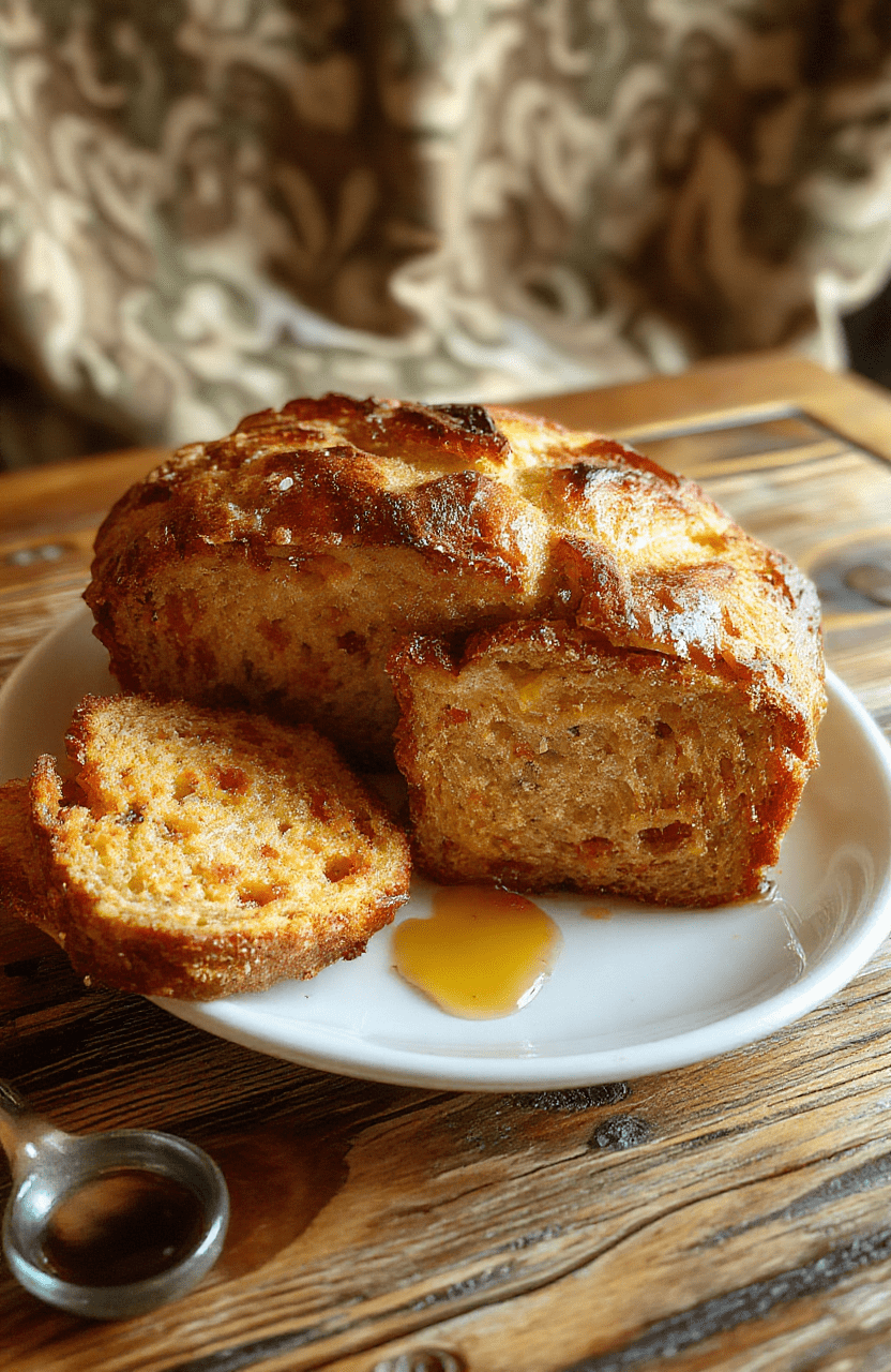 Golden-brown round loaf of honey mead bread with a crackling crust, dusted with edible gold flakes, placed on a rustic wooden board beside a miniature honey dipper and sprigs of rosemary, steam rising gently against a soft-focused backdrop of flickering candlelight and Nordic tapestry motifs.