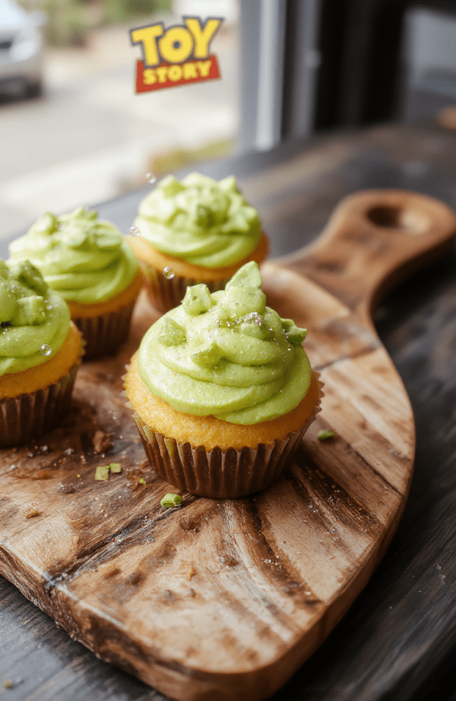 A batch of vibrant green alien-shaped cupcakes with tiny three-eyed extraterrestrial faces piped in white and black frosting, sitting on a rustic wooden tray with subtle cosmic patterns, against a soft-focus space-themed backdrop with faint stars.