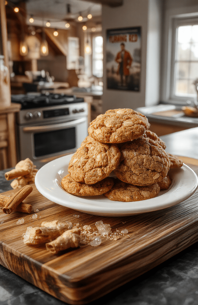 Handmade ginger cookies shaped like red pandas, dusted with white sugar, resting on a rustic wooden cutting board with cinnamon sticks and crystallized ginger nearby, soft natural light, shallow depth of field, warm autumn tones