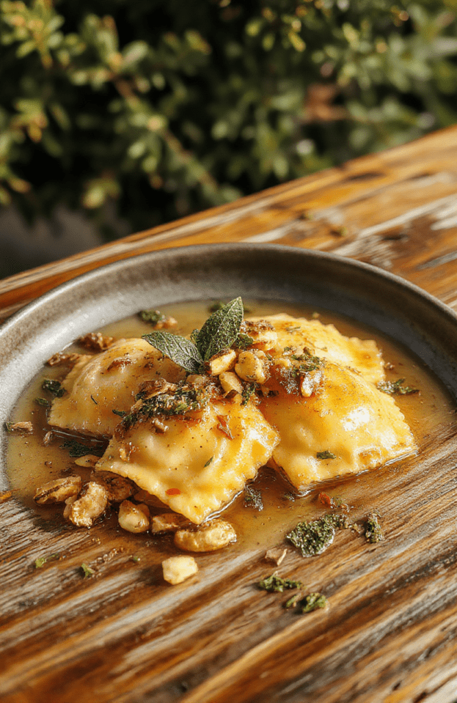 Plump, golden-brown mushroom ravioli arranged in a elegant swirl on a rustic wooden board, garnished with fresh sage leaves, crushed pistachios, and a drizzle of golden brown butter. Background features soft twilight lighting with subtle fog and distant gothic trees, evoking a mystical forest ambiance.