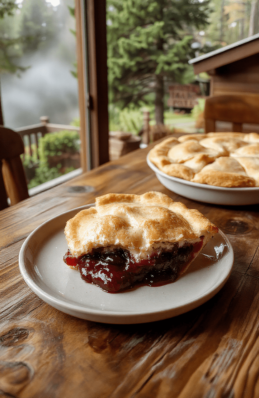 A golden-brown, flaky double-crust cherry pie with a lattice top, resting on a rustic wooden table beside a steaming white ceramic mug of dark coffee with a swirl of cream. Late afternoon light filters through pine trees, casting soft shadows. The pie filling glistens with tart cherries, and a few scattered sugar crystals catch the light.