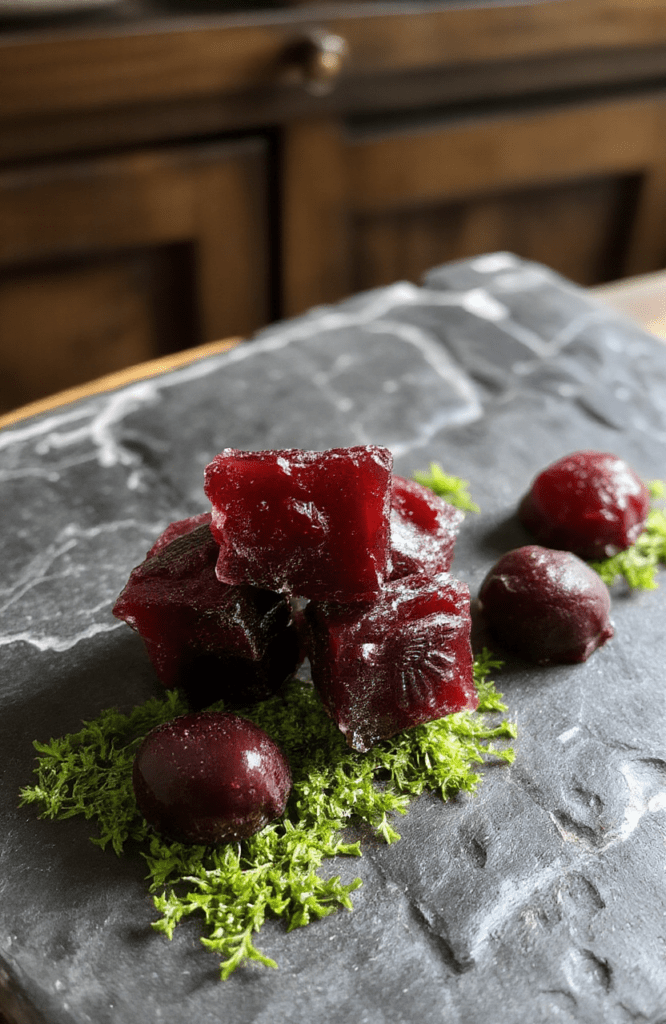 Glowing deep black cherry gummy bears arranged in a rustic black ceramic dish, garnished with edible silver dust and fresh dark cherries, on a moss-draped stone surface with subtle gothic motifs; soft natural light highlights their chewy texture and vibrant red centers
