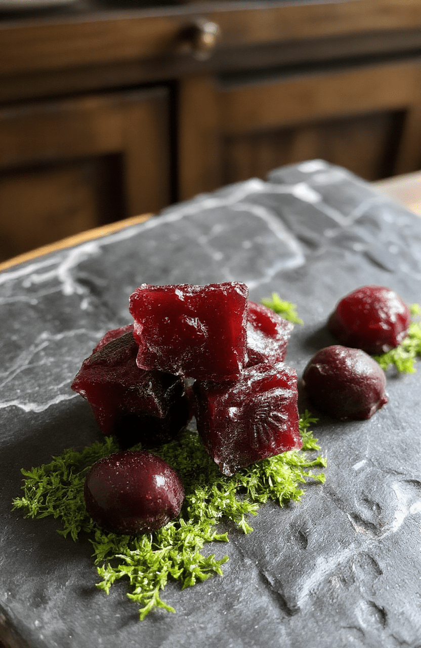 Glowing deep black cherry gummy bears arranged in a rustic black ceramic dish, garnished with edible silver dust and fresh dark cherries, on a moss-draped stone surface with subtle gothic motifs; soft natural light highlights their chewy texture and vibrant red centers