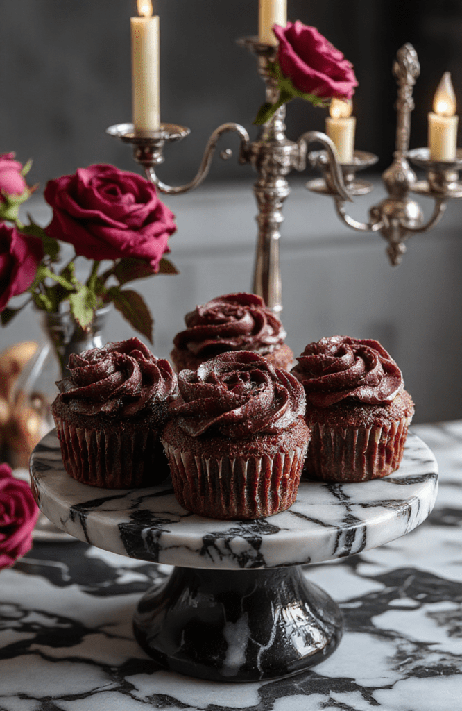 Darkly romantic cupcakes on a black-and-white marble cake stand, each adorned with deep burgundy buttercream roses and black sugarحقق sugar pearls, glistening under soft daylight, with hints of edible gold leaf and voilà black lace piped details;背景 includes a shadowy rose garden with velvet drapes.