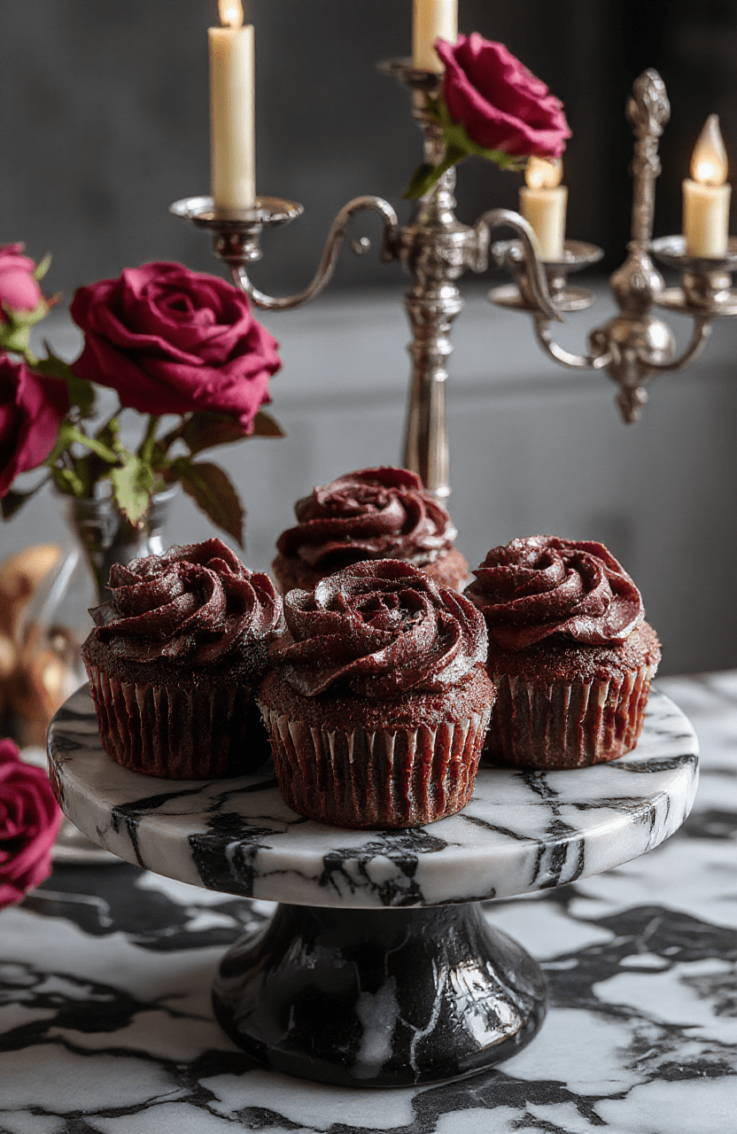 Darkly romantic cupcakes on a black-and-white marble cake stand, each adorned with deep burgundy buttercream roses and black sugarحقق sugar pearls, glistening under soft daylight, with hints of edible gold leaf and voilà black lace piped details;背景 includes a shadowy rose garden with velvet drapes.