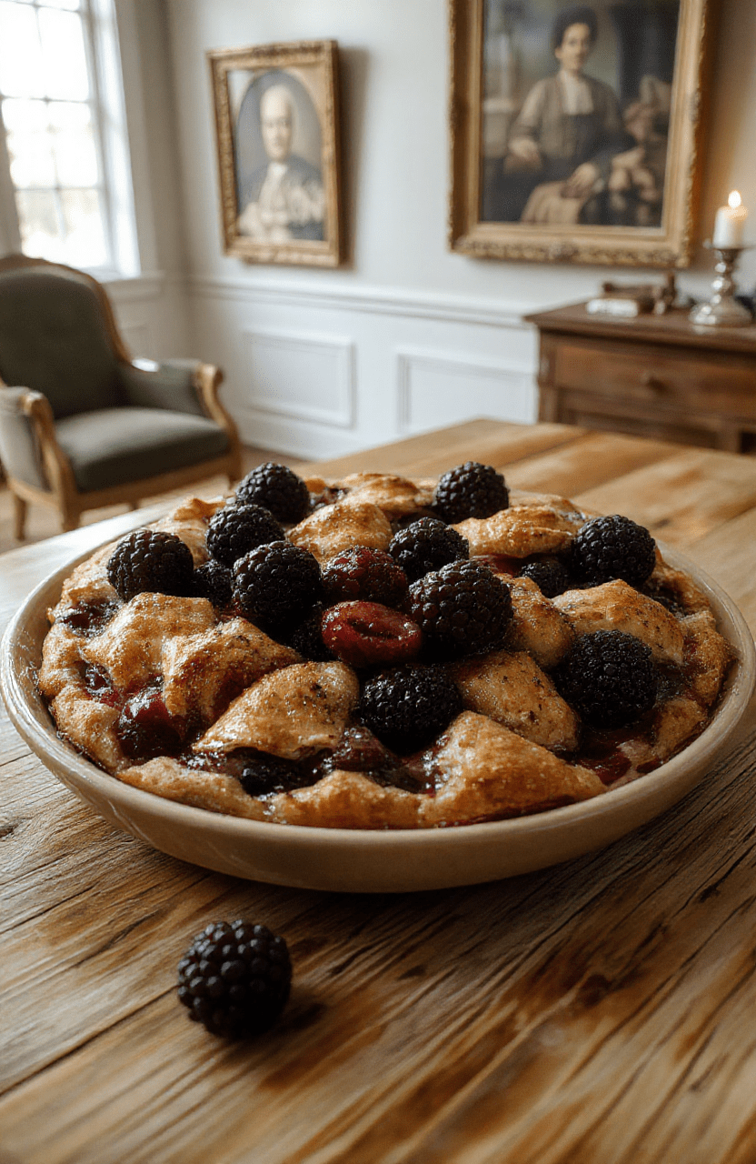 A darkly elegant blackberry pie with glossy, bubbling berries and deep purple filling, resting on a rustic wooden board beside a single sprig of rosemary and scatteredblackberries; crust cut with intricate thorny vine patterns, dusted lightly with edible silver dust for a haunting shimmer, under natural daylight with soft shadows.