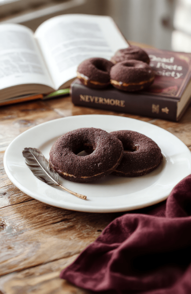 Glossy black velvet donuts topped with iridescent purple and silver drizzle, placed on a rustic wooden board beside a steaming cup of dark espresso and a pressed black rose, soft natural light casting gentle shadows, moody cinematic backdrop