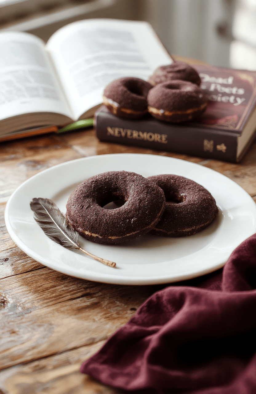 Glossy black velvet donuts topped with iridescent purple and silver drizzle, placed on a rustic wooden board beside a steaming cup of dark espresso and a pressed black rose, soft natural light casting gentle shadows, moody cinematic backdrop